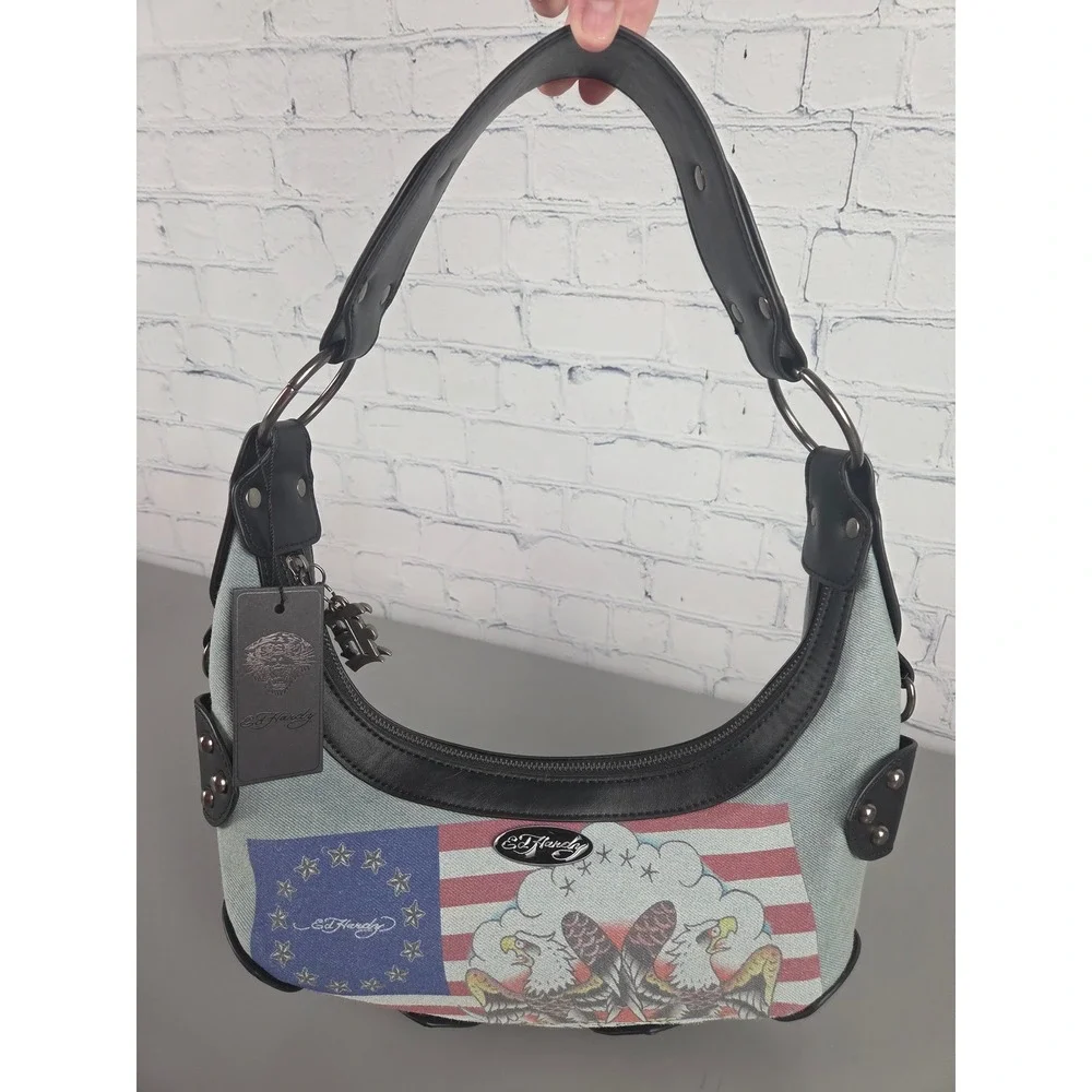 Ed Hardy Denim Hobo Bag Patriotic American Flag Eagle Tattoo Y2K Purse EHH-520